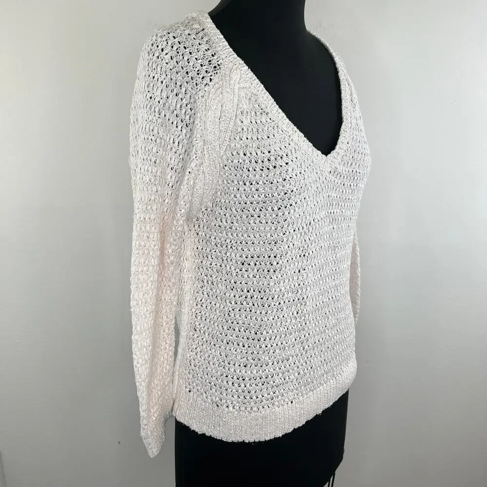 White + Warren Cotton Blend Long Sleeve Open Knit Sweater Size S Small